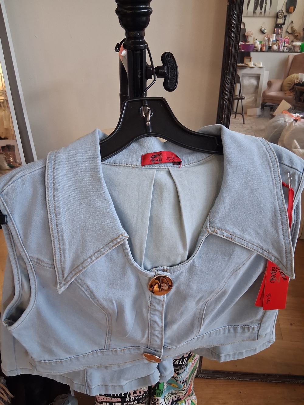 Light Wash Denim Cropped Vest with Statement Collar
